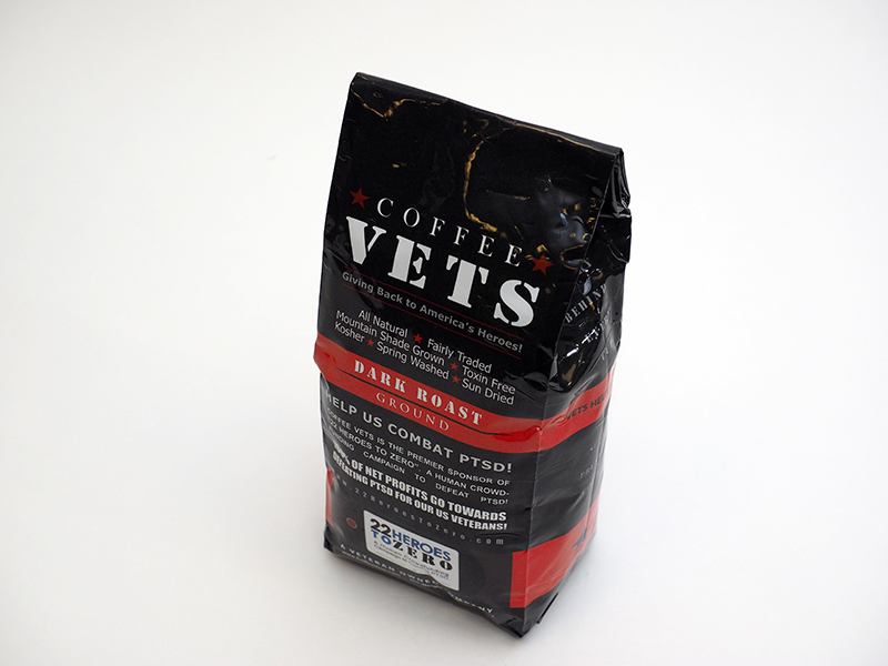 a bag of ground VETS coffee