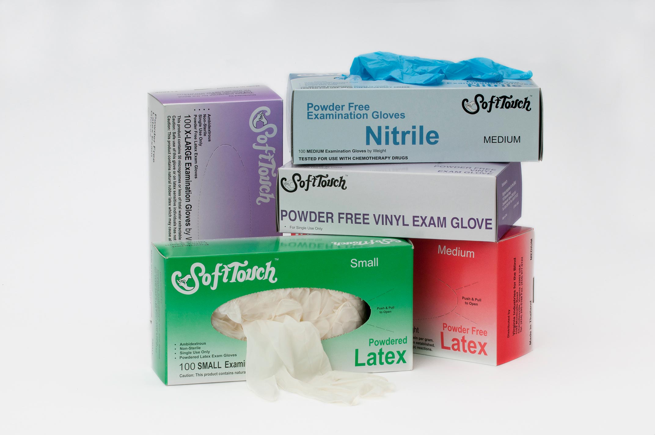 a display of vinyl, latex and nitrile examination gloves
